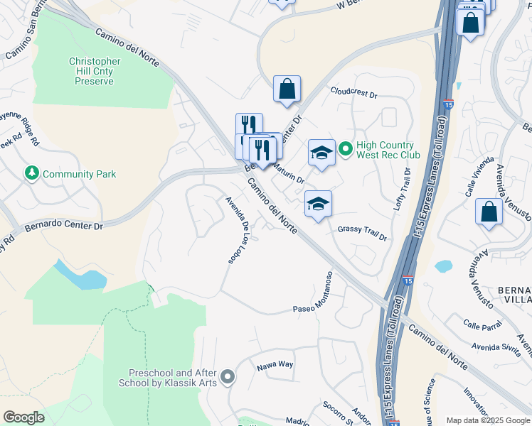 map of restaurants, bars, coffee shops, grocery stores, and more near 11267 Avenida De Los Lobos in San Diego