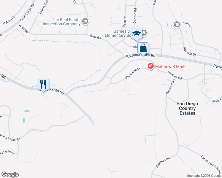map of restaurants, bars, coffee shops, grocery stores, and more near 24629 Pappas Road in Ramona