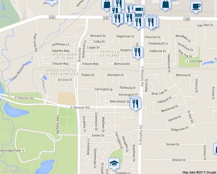 map of restaurants, bars, coffee shops, grocery stores, and more near 5603 Carrington Drive in Richardson