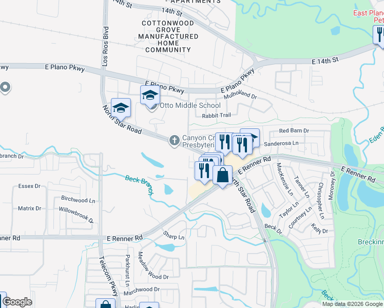 map of restaurants, bars, coffee shops, grocery stores, and more near 4028 Kyndra Circle in Richardson