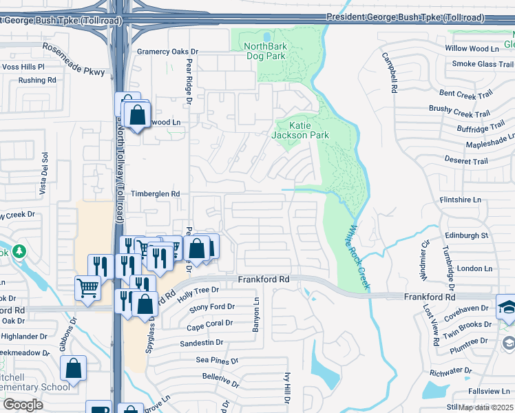 map of restaurants, bars, coffee shops, grocery stores, and more near 5128 Tennington Park in Dallas