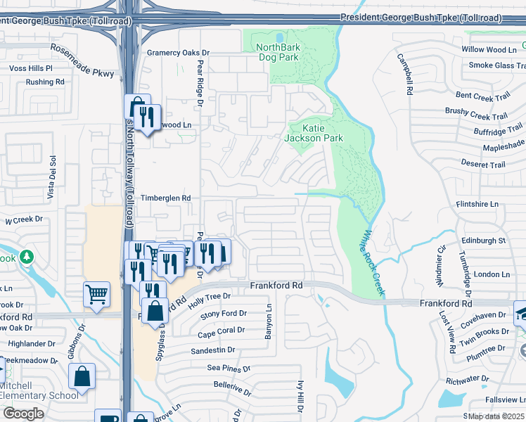 map of restaurants, bars, coffee shops, grocery stores, and more near 5128 Tennington Park in Dallas