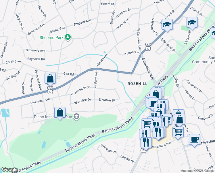 map of restaurants, bars, coffee shops, grocery stores, and more near 107 Johnston Street in Summerville