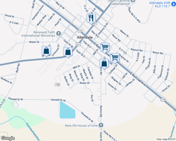 map of restaurants, bars, coffee shops, grocery stores, and more near 154 Fairdale Street in Allendale