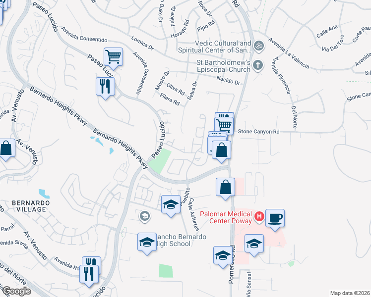 map of restaurants, bars, coffee shops, grocery stores, and more near 12582 Calle Tamega in San Diego