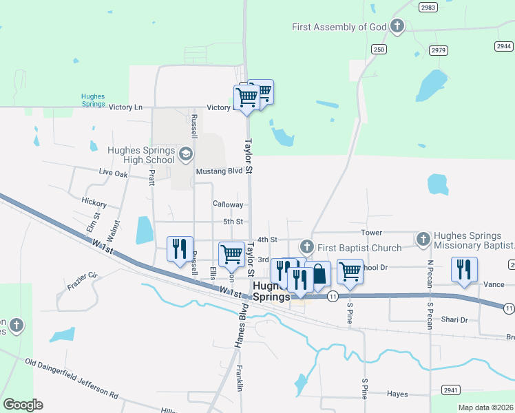 map of restaurants, bars, coffee shops, grocery stores, and more near 510 Taylor Street in Hughes Springs