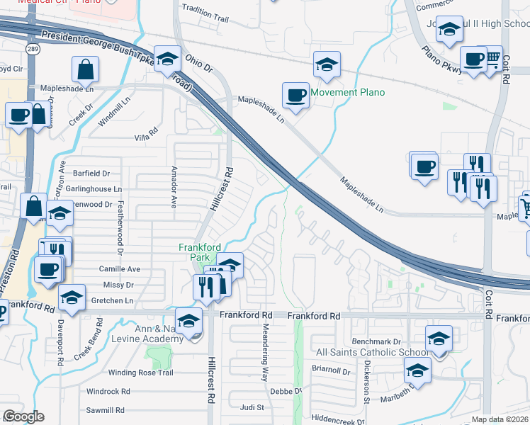 map of restaurants, bars, coffee shops, grocery stores, and more near 7235 Dogwood Creek Ln in Dallas
