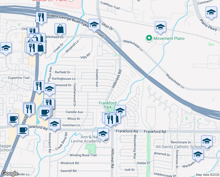 map of restaurants, bars, coffee shops, grocery stores, and more near 6812 Lovington Drive in Dallas