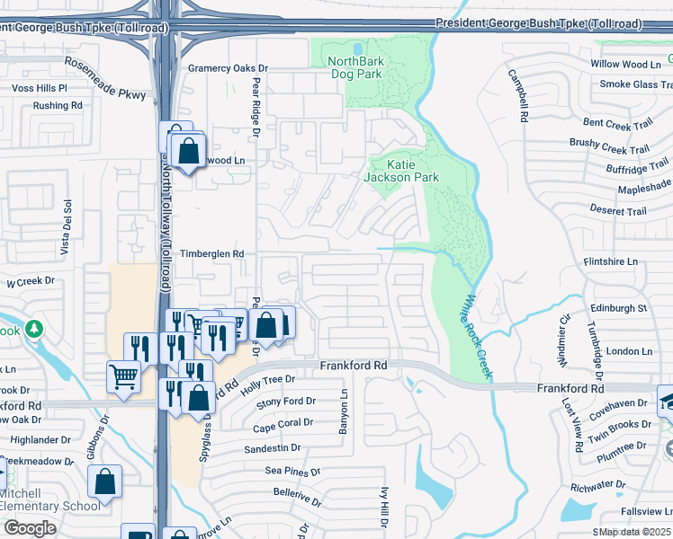 map of restaurants, bars, coffee shops, grocery stores, and more near 5128 Tennington Park in Dallas