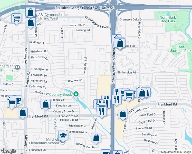 map of restaurants, bars, coffee shops, grocery stores, and more near 18624 Gibbons Drive in Dallas