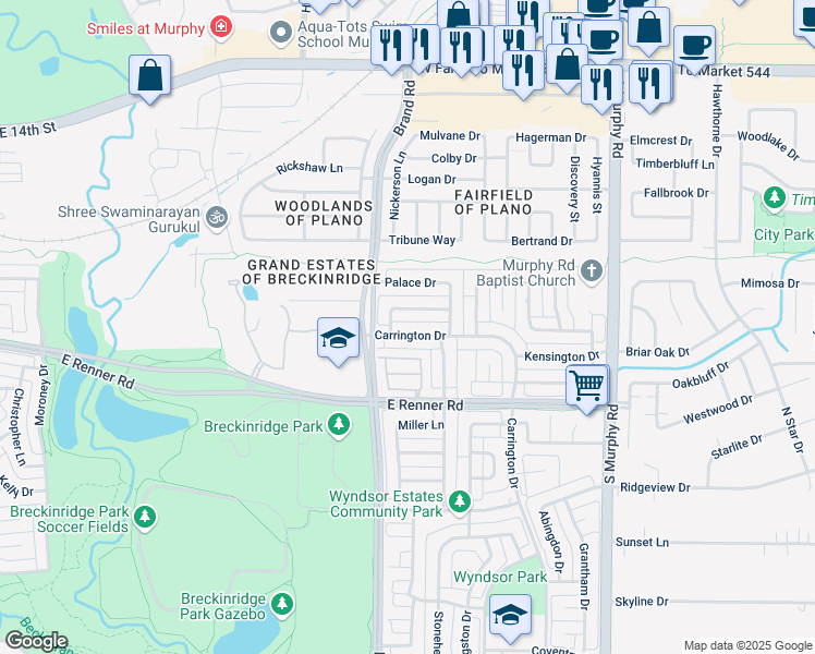 map of restaurants, bars, coffee shops, grocery stores, and more near 5409 Carrington Drive in Richardson