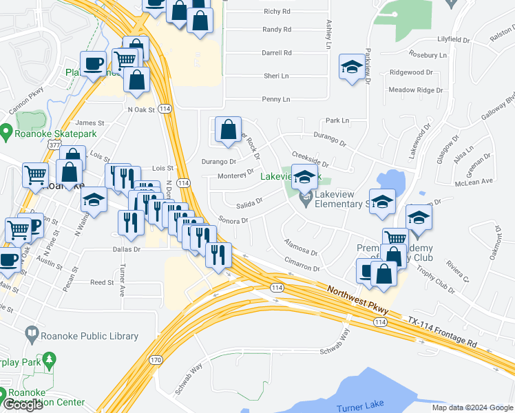 map of restaurants, bars, coffee shops, grocery stores, and more near 15 Salida Drive in Trophy Club