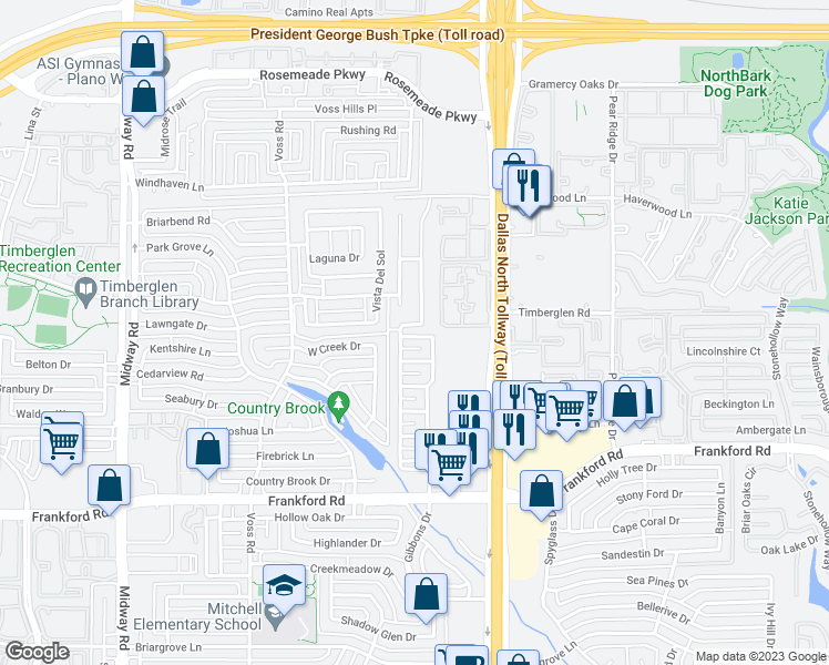 map of restaurants, bars, coffee shops, grocery stores, and more near 18624 Gibbons Drive in Dallas
