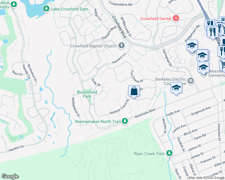 map of restaurants, bars, coffee shops, grocery stores, and more near 204 Challis Court in Goose Creek
