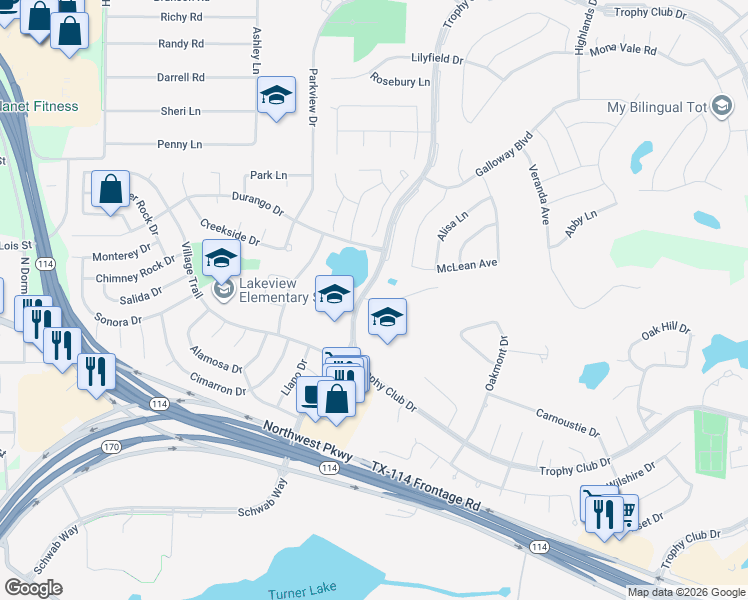 map of restaurants, bars, coffee shops, grocery stores, and more near 355 Quorum Drive in Trophy Club