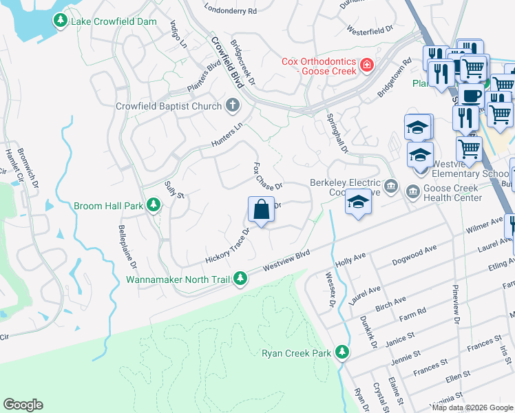 map of restaurants, bars, coffee shops, grocery stores, and more near 119 Bugle Drive in Goose Creek