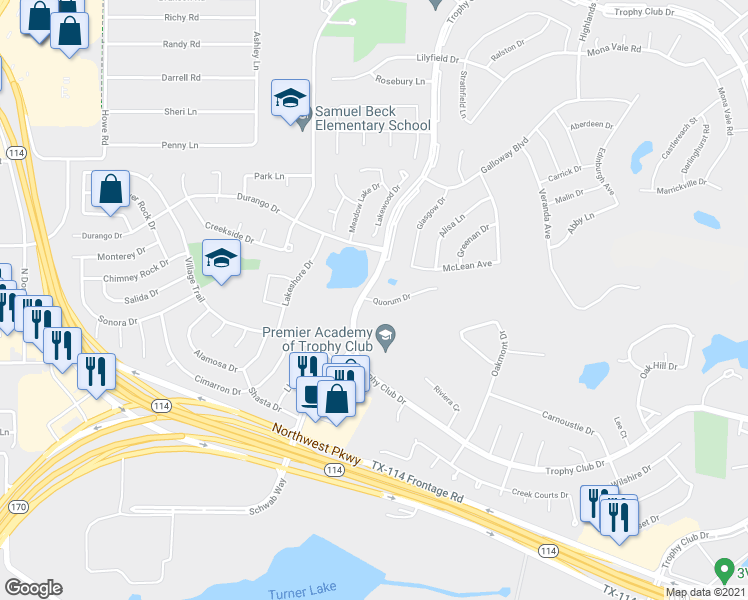 map of restaurants, bars, coffee shops, grocery stores, and more near 347 Quorum Drive in Trophy Club