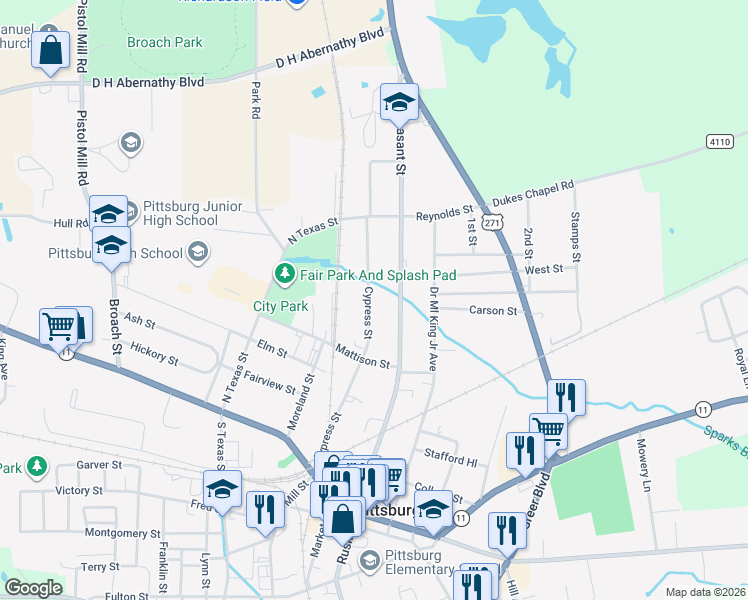 map of restaurants, bars, coffee shops, grocery stores, and more near 401-441 Cypress Street in Pittsburg