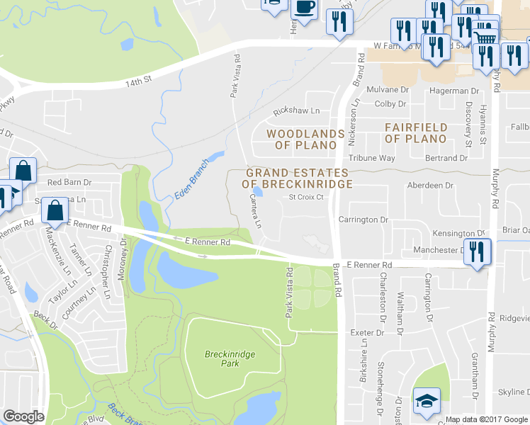 map of restaurants, bars, coffee shops, grocery stores, and more near 3800 Cantera Lane in Richardson