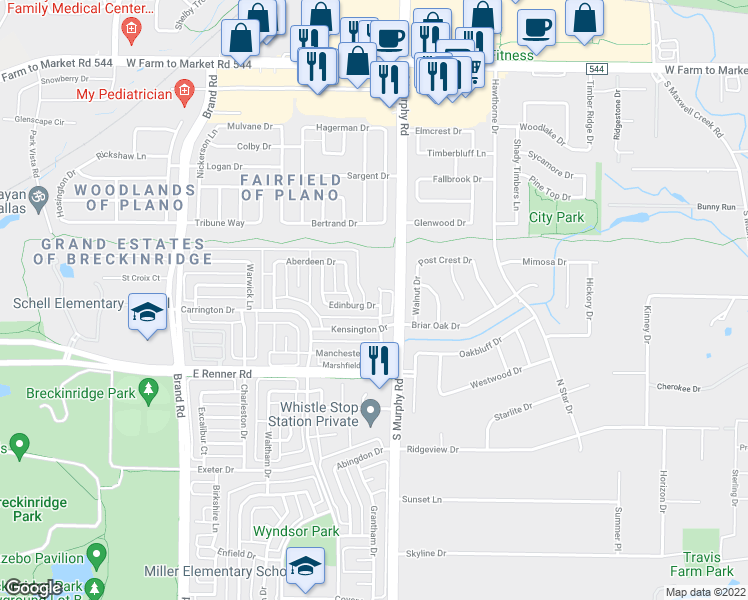 map of restaurants, bars, coffee shops, grocery stores, and more near 3801 Marshfield Drive in Richardson