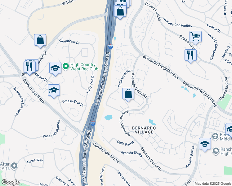 map of restaurants, bars, coffee shops, grocery stores, and more near 11705 Via Medanos in San Diego