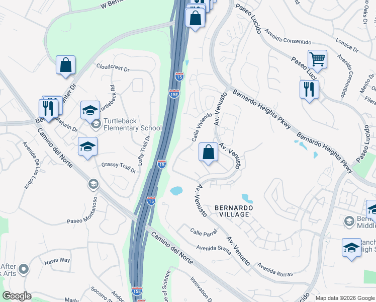 map of restaurants, bars, coffee shops, grocery stores, and more near 11705 Via Medanos in San Diego