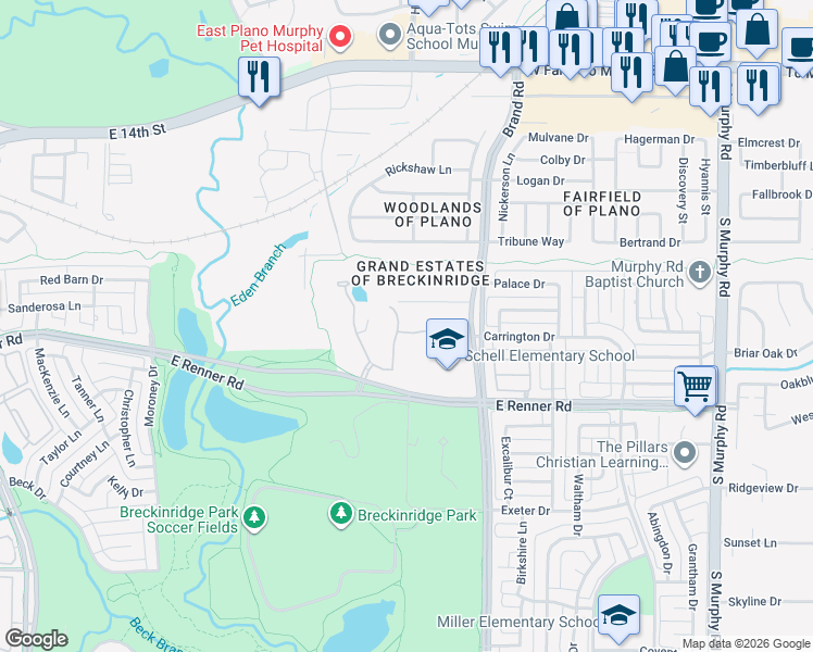 map of restaurants, bars, coffee shops, grocery stores, and more near 5201 Limestone Court in Richardson