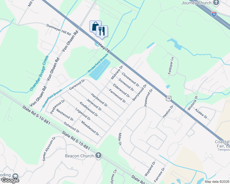 map of restaurants, bars, coffee shops, grocery stores, and more near 4442 Farmwood Street in Ladson