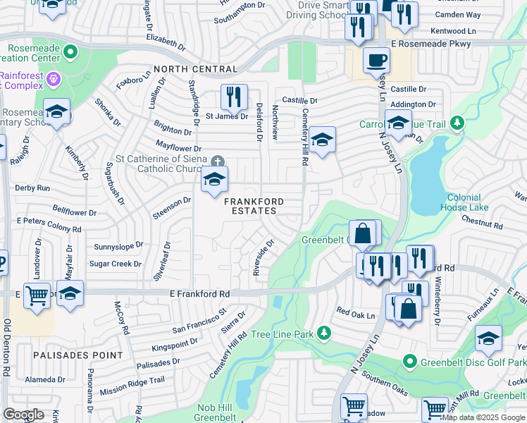 map of restaurants, bars, coffee shops, grocery stores, and more near 3160 Delaford Drive in Carrollton
