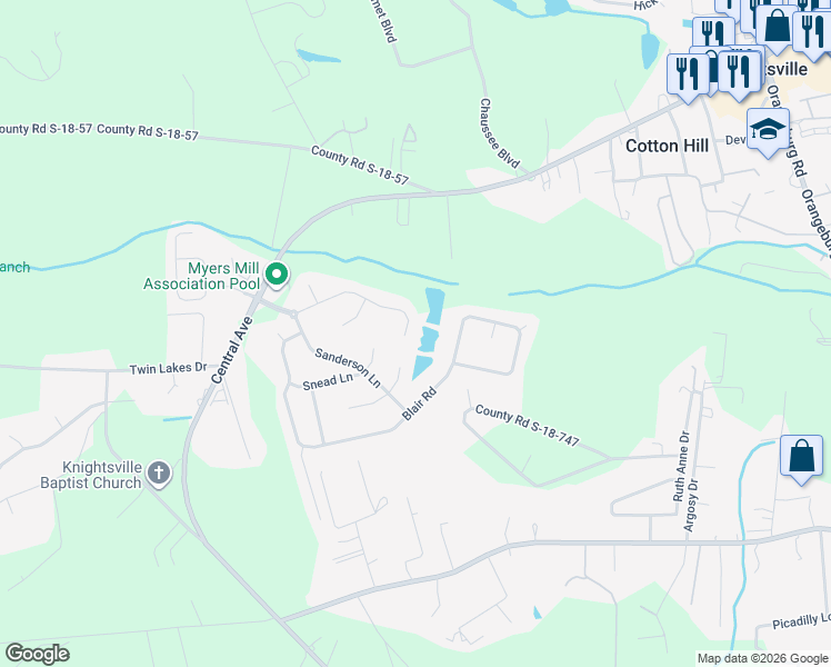 map of restaurants, bars, coffee shops, grocery stores, and more near 8037 Mckayla Road in Summerville