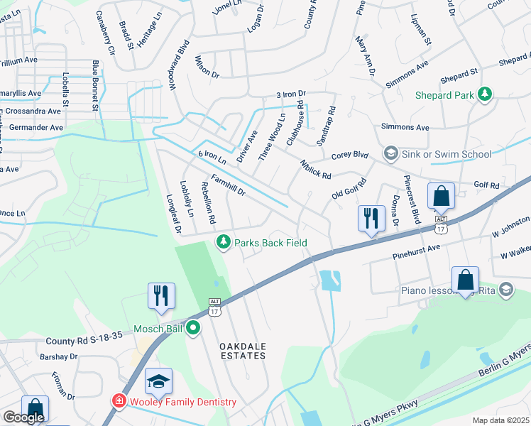 map of restaurants, bars, coffee shops, grocery stores, and more near 105 Forest Court in Summerville