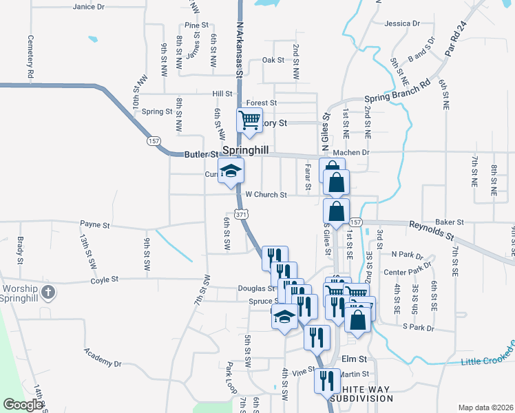 map of restaurants, bars, coffee shops, grocery stores, and more near 101 South Arkansas Street in Springhill