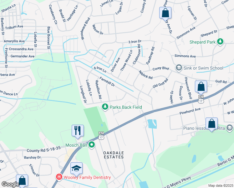 map of restaurants, bars, coffee shops, grocery stores, and more near 105 Forest Court in Summerville