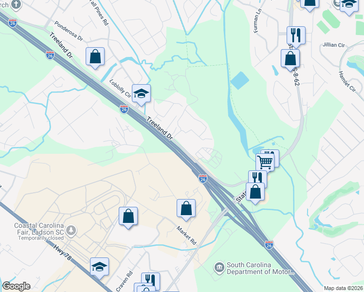 map of restaurants, bars, coffee shops, grocery stores, and more near 665 Treeland Drive in Ladson