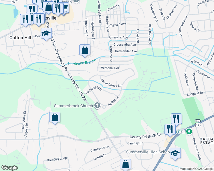 map of restaurants, bars, coffee shops, grocery stores, and more near 241 Moon Dance Lane in Summerville