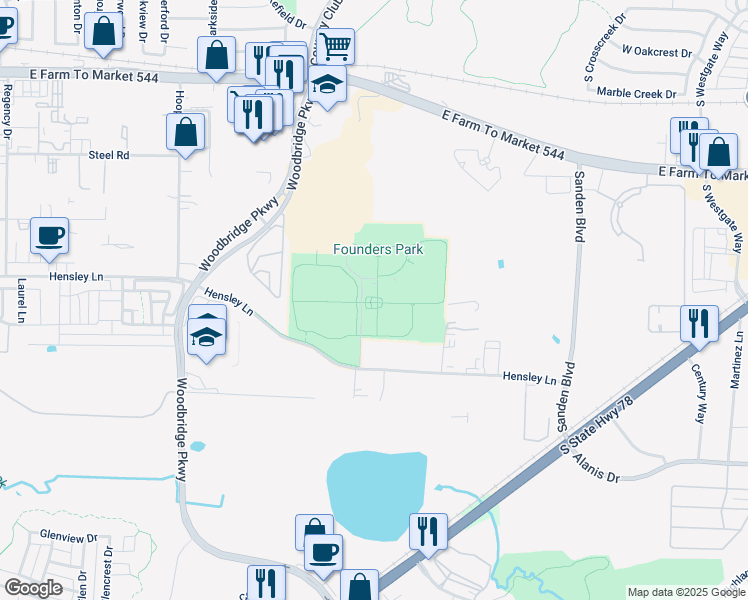 map of restaurants, bars, coffee shops, grocery stores, and more near 851 Hensley Lane in Wylie