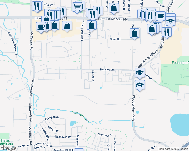 map of restaurants, bars, coffee shops, grocery stores, and more near 607 Laurel Lane in Wylie