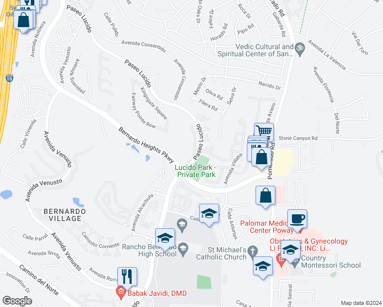 map of restaurants, bars, coffee shops, grocery stores, and more near 15878 Caminito Aire Puro in San Diego