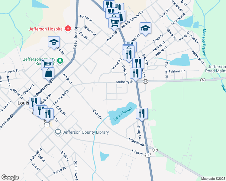 map of restaurants, bars, coffee shops, grocery stores, and more near 1003 Highland Road in Louisville