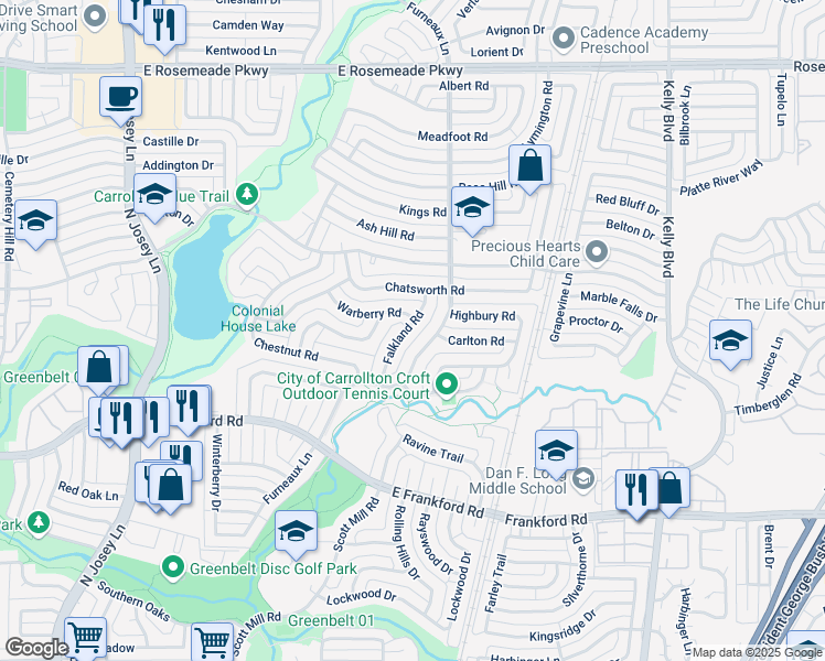 map of restaurants, bars, coffee shops, grocery stores, and more near 3120 Falkland Road in Carrollton