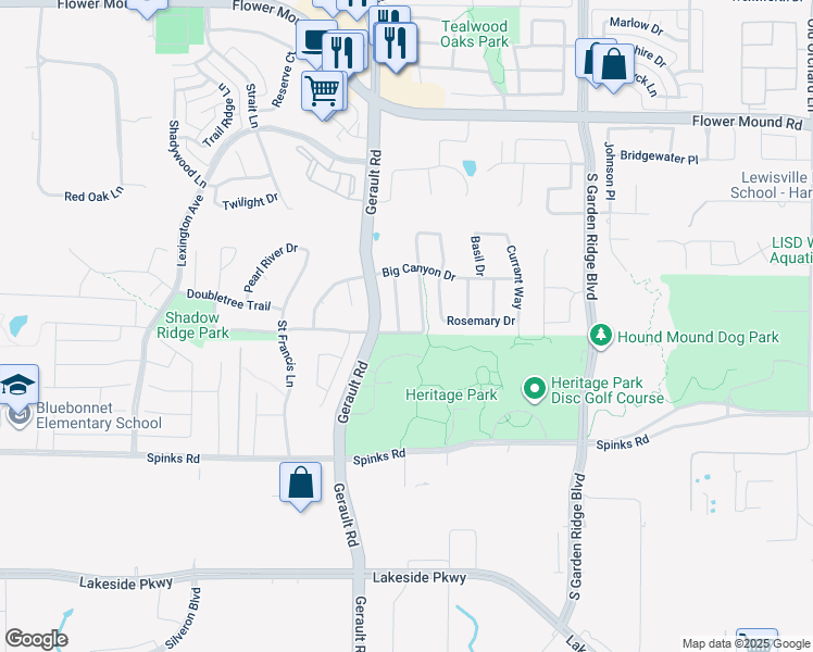 map of restaurants, bars, coffee shops, grocery stores, and more near 1300 Cayenne Drive in Flower Mound