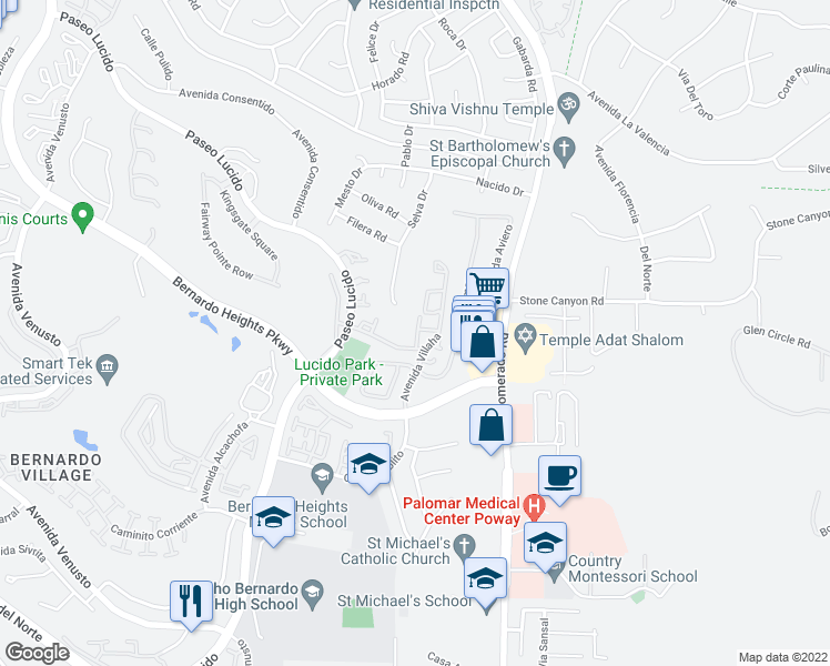 map of restaurants, bars, coffee shops, grocery stores, and more near 12636 Calle Tamega in San Diego