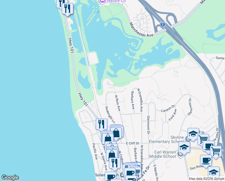 map of restaurants, bars, coffee shops, grocery stores, and more near 867 Seabright Lane in Solana Beach