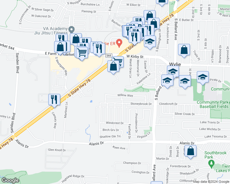 map of restaurants, bars, coffee shops, grocery stores, and more near 620 Willow Way in Wylie