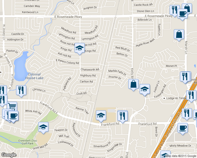 map of restaurants, bars, coffee shops, grocery stores, and more near 3148 Abbey Rd in Carrollton