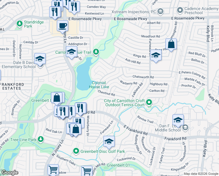 map of restaurants, bars, coffee shops, grocery stores, and more near 3107 Barton Road in Carrollton