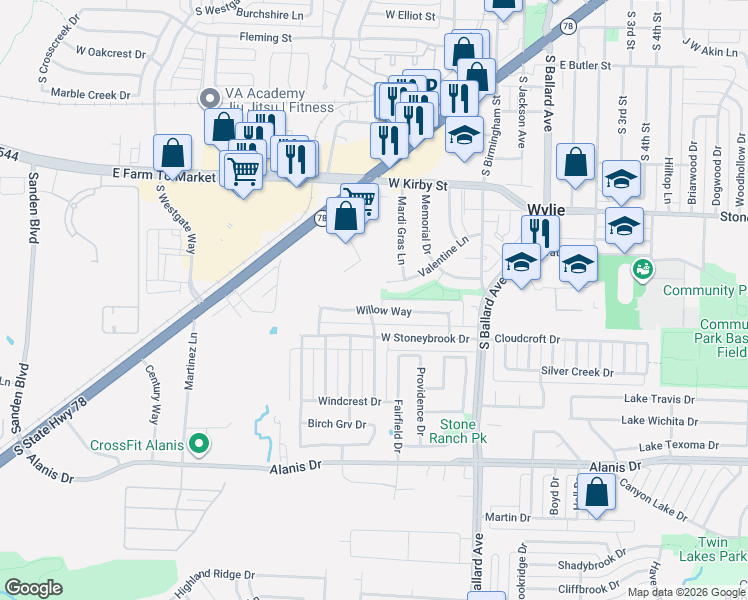 map of restaurants, bars, coffee shops, grocery stores, and more near 610 Willow Way in Wylie