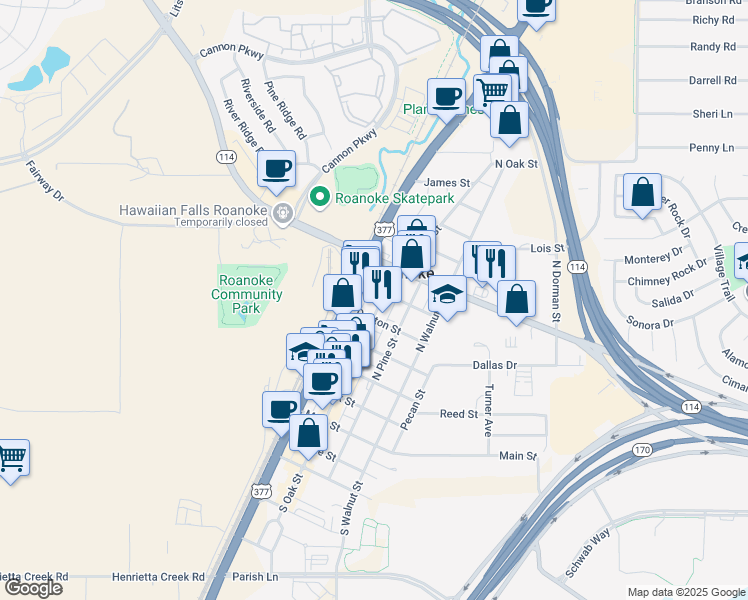 map of restaurants, bars, coffee shops, grocery stores, and more near 104 Houston Street in Roanoke