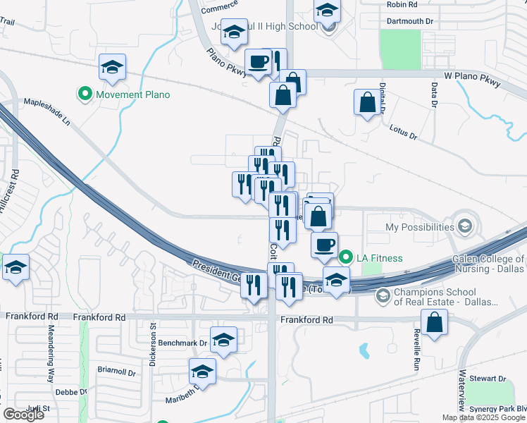 map of restaurants, bars, coffee shops, grocery stores, and more near 401 Coit Road in Plano
