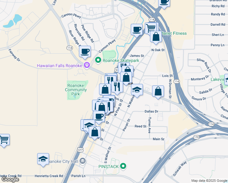 map of restaurants, bars, coffee shops, grocery stores, and more near 104 Houston Street in Roanoke